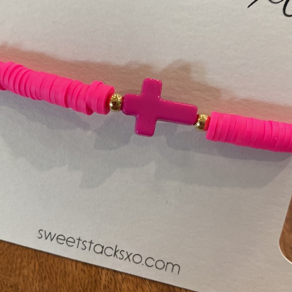 Hot Pink Clay Polymer Beaded Cross Bracelet - Picture 2 of 3